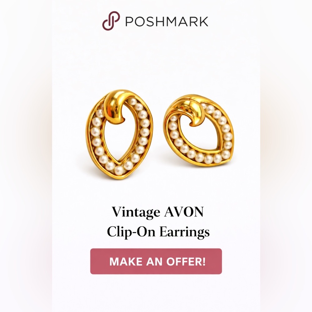 Avon Gold-Tone Faux Pearl Heart Swirl Clip Earrings with box
